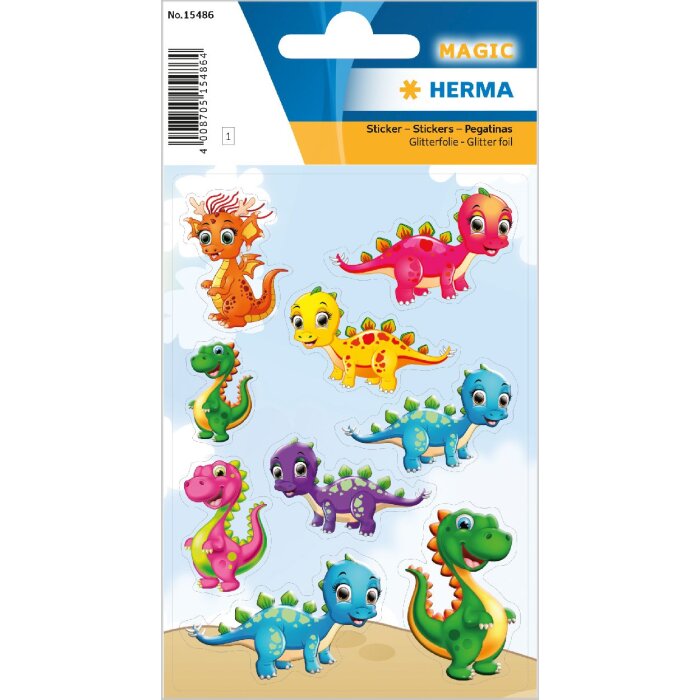 HERMA 15486 Adesivo magico Piccoli Dinos set di foglietti glitterati