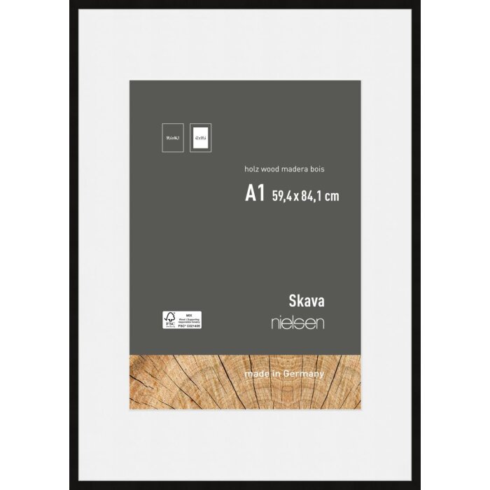 Cornice Nielsen in legno Skava nero 59,4x84,1 cm con passepartout 42x59,4 cm
