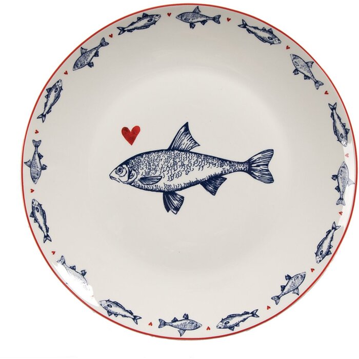Piatto da portata Clayre & Eef SSFDP Bianco Blu motivo pesce Ø 20x2 cm porcellana