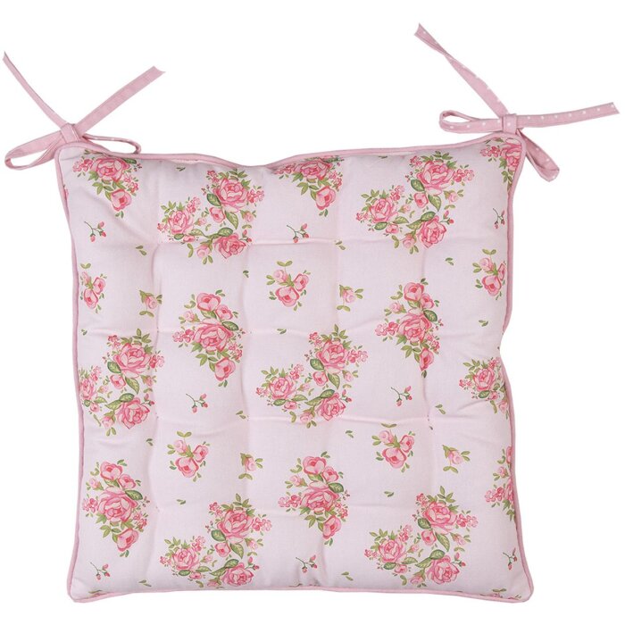 Cuscino per sedia Clayre & Eef stampa rose rosa 40x40x4 cm in cotone con lacci a nastro