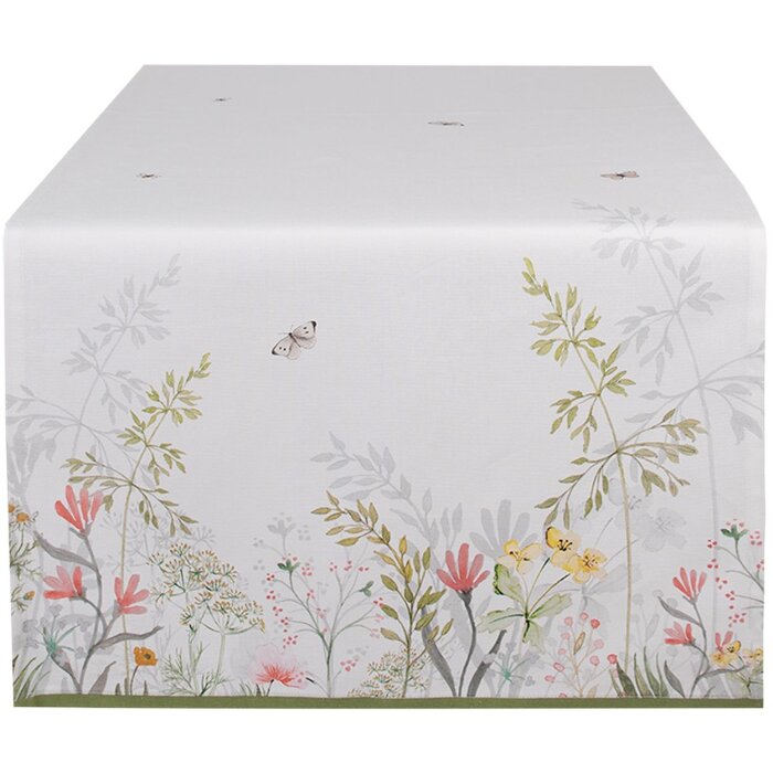 Clayre & Eef WFF64 Runner da tavola Bianco Verde 50x140 cm Cotone Disegno Botanico