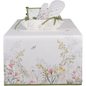Clayre & Eef WFF64 Runner da tavola Bianco Verde 50x140 cm Cotone Disegno Botanico
