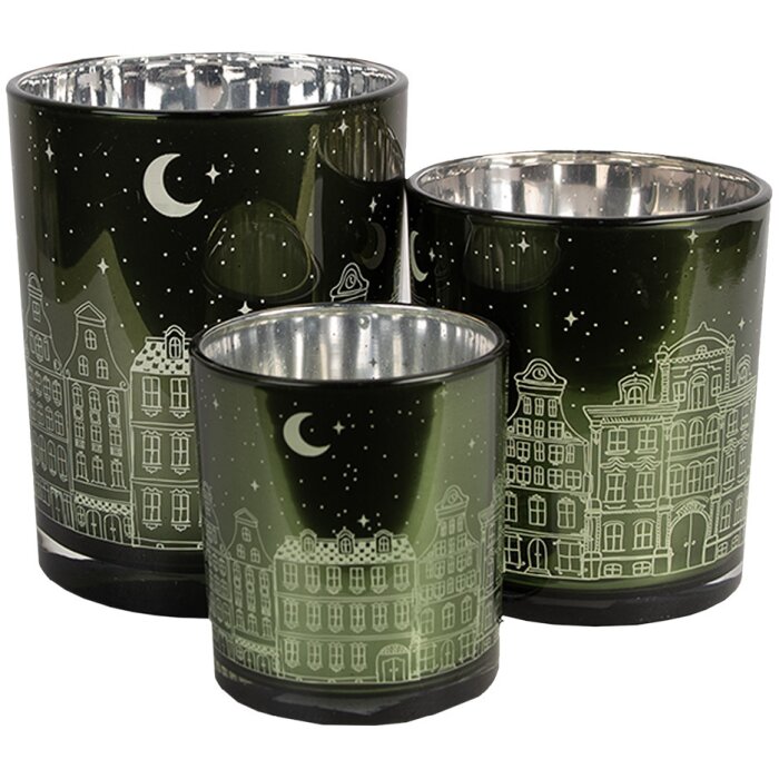 Clayre & Eef 6GL4655 Set portacandele 3 pezzi verde Ø 7/8 9/10 10/12 cm