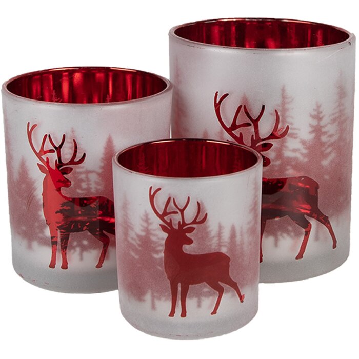 Clayre & Eef 6GL4665 Set di 3 portacandele bianco rosso Ø7x8 Ø9x10 Ø10x12 cm