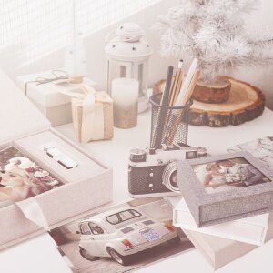 ZEP USB Box Modena Linen beige 11x11x3 cm con foto ritagliata senza chiavetta USB