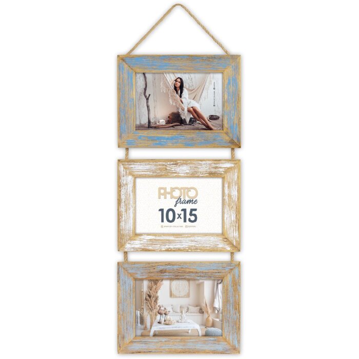 ZEP Cornice in legno Voiron 3 foto 10x15 cm Blu Bianco Vintage 49x26 cm Parete