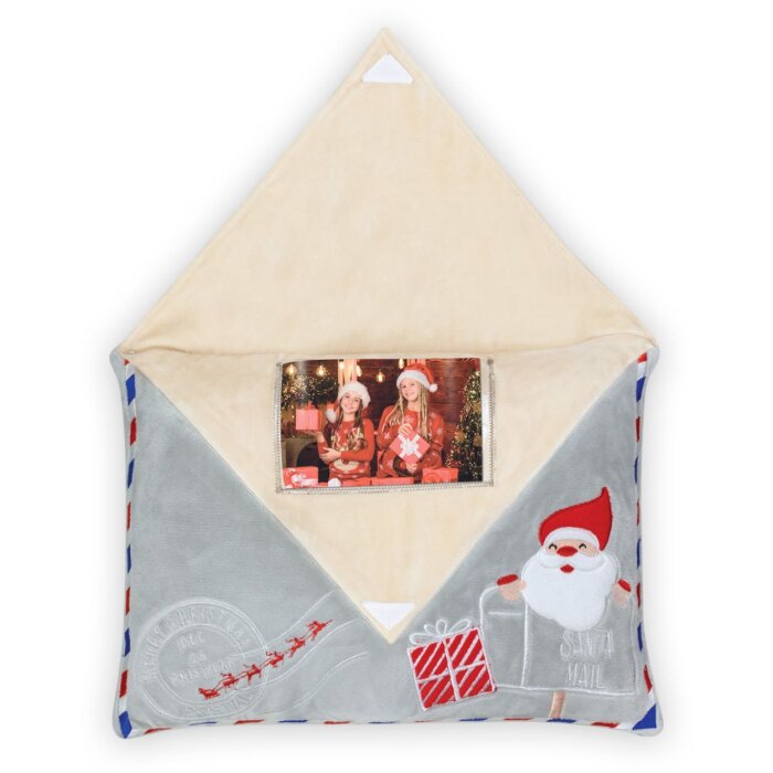 Cuscino portafoto natalizio a forma di busta in tessuto felpato 10x15 cm con chiusura a velcro