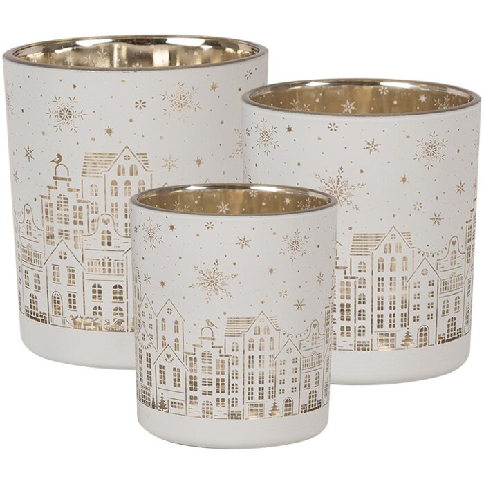Clayre & Eef 6GL4657 Portacandele Set di 3 fiocchi di neve in oro bianco