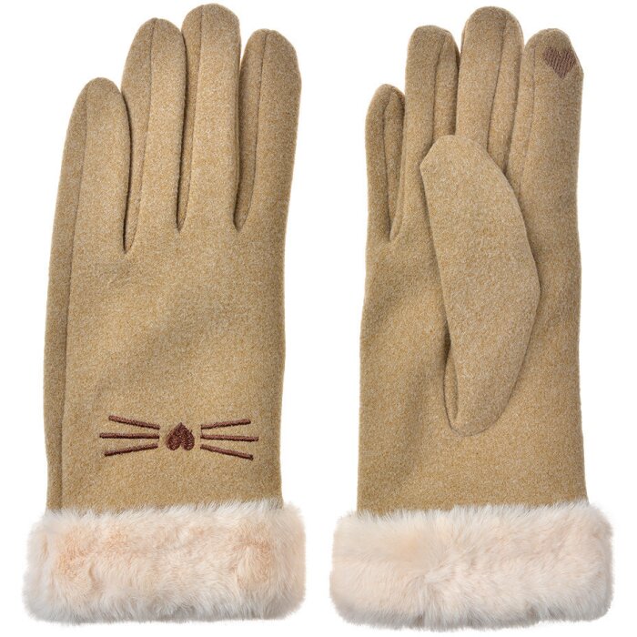 Juleeze JZGL0098 Guanti beige 9x23x2 cm con disegno di gatto e pelliccia sintetica