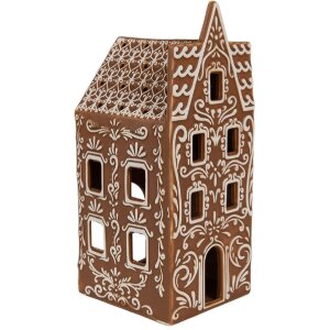 Clayre & Eef 6CE1746 Portacandele Casa Porcellana Marrone Bianco 7x7x17 cm