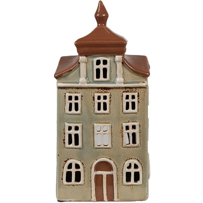 Clayre & Eef 6CE1881 Portacandele House in ceramica verde marrone 12x9x25 cm