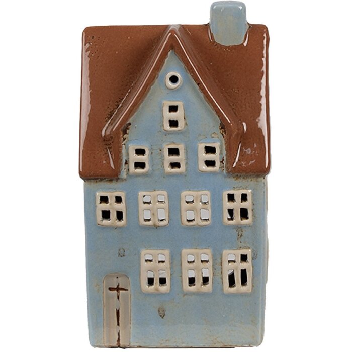 Clayre & Eef 6CE1884 Portacandele Casa in ceramica blu marrone 11x8x20 cm
