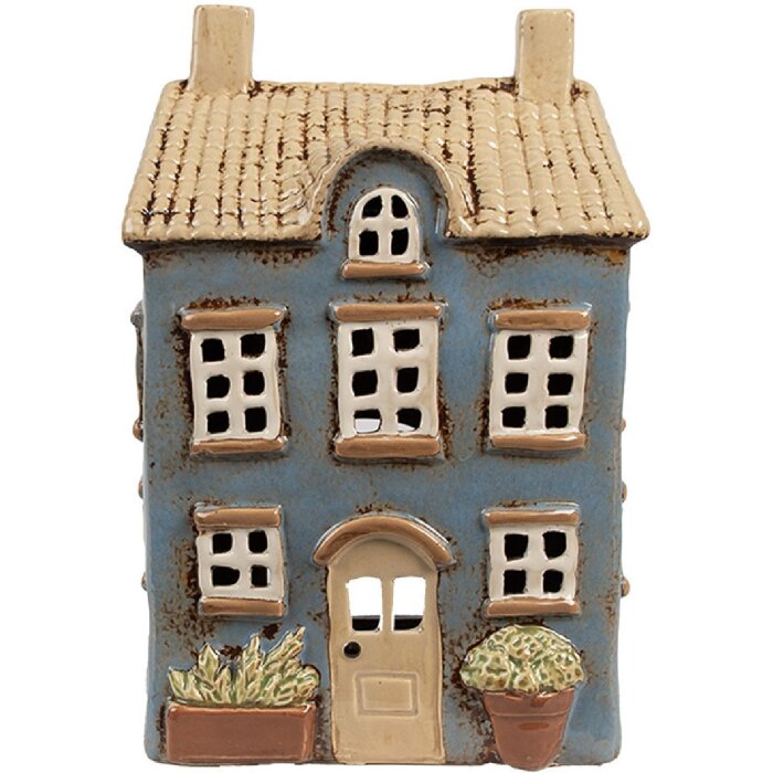 Clayre & Eef 6CE1894 Portacandele Casa Blu Beige 16x10x23 cm Ceramica