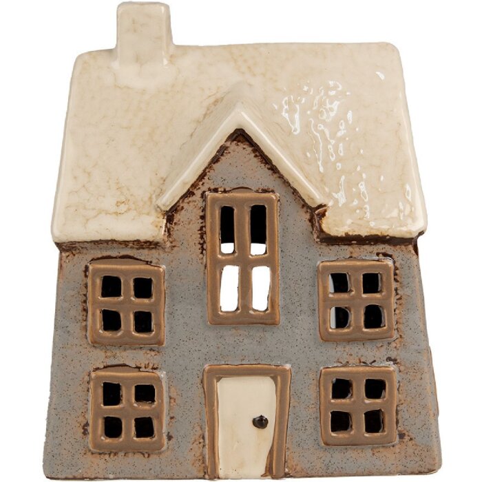 Clayre & Eef 6CE1899 Portacandele Casa in ceramica grigio beige 15x10x17 cm