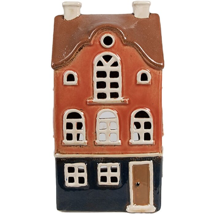 Clayre & Eef 6CE1914 Portacandele Casa in ceramica arancione blu 12x9x22 cm
