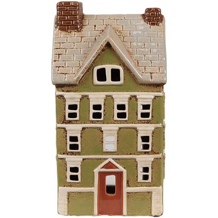 Clayre & Eef 6CE1870 Portacandele Casa in ceramica verde beige 14x10x26 cm