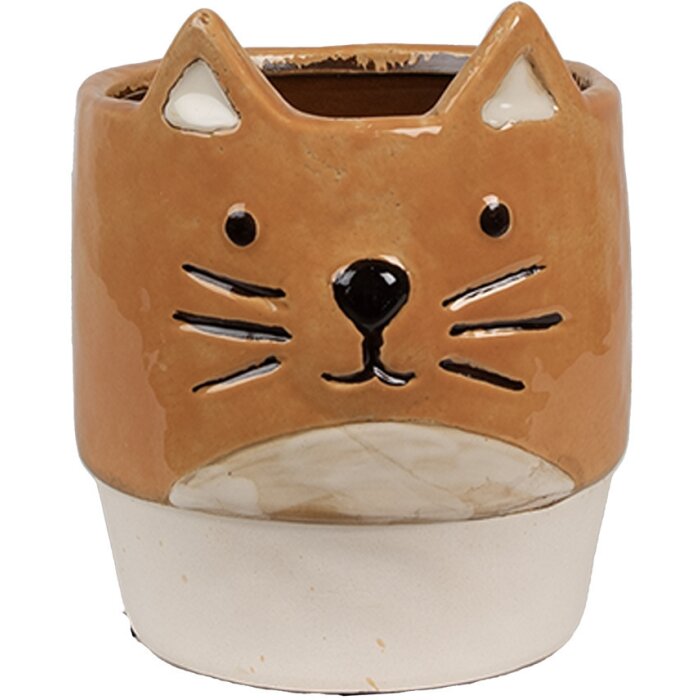 Clayre & Eef 6CE1877 Vaso da fiori in ceramica Gatto Arancione Beige Ø 11x13 cm