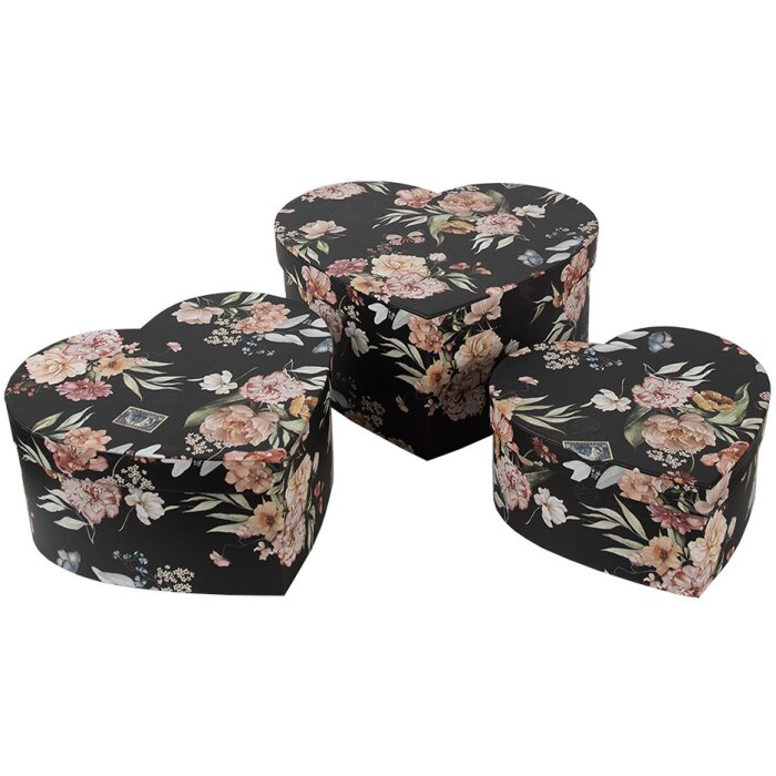 Clayre & Eef 66010 Set di scatole portaoggetti a forma di cuore 3 pezzi nero motivo floreale