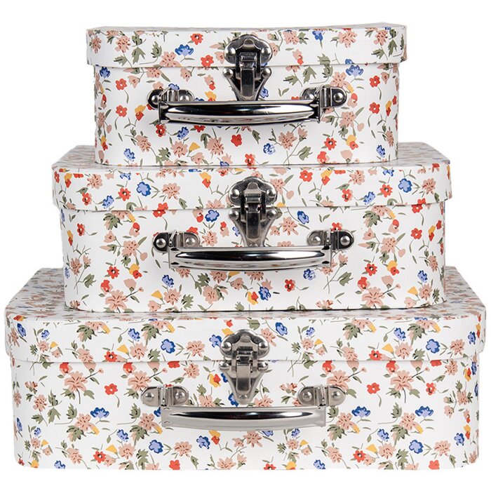 Clayre & Eef 66012 Set di 3 astucci decorativi bianchi floreali da 30x22x9 a 20x17x8 cm