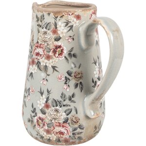 Clayre & Eef 6CE1965M Brocca in ceramica grigio rosa fiori 16x12x18 cm stile country