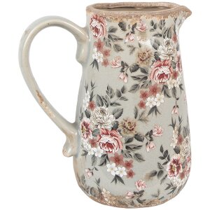 Clayre & Eef 6CE1965M Brocca in ceramica grigio rosa fiori 16x12x18 cm stile country