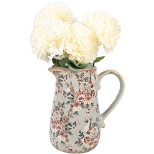 Clayre & Eef 6CE1965M Brocca in ceramica grigio rosa fiori 16x12x18 cm stile country