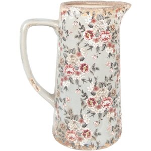 Clayre & Eef 6CE1971L Brocca decorativa in ceramica grigio rosa fiori 21x14x26 cm