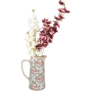 Clayre & Eef 6CE1971L Brocca decorativa in ceramica grigio rosa fiori 21x14x26 cm