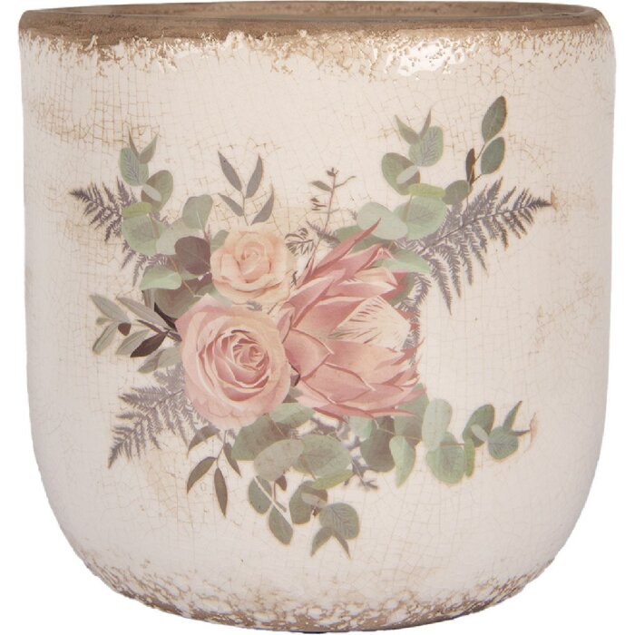 Clayre & Eef 6CE1981L Vaso da fiori in ceramica con motivo floreale Beige Rosa Ø 18x17 cm