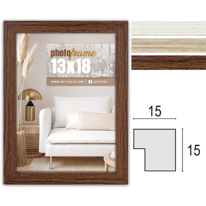 Telaio in legno ZEP sala da 10x15 a 20x30 cm bianco marrone naturale profilo a blocco vetro trasparente