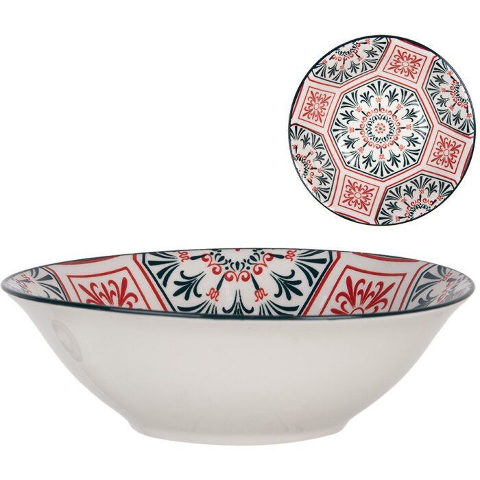 Clayre & Eef 6CEBO0164 Ciotola in ceramica Bianco Rosso Boho Ø 15x5 cm 350 ml
