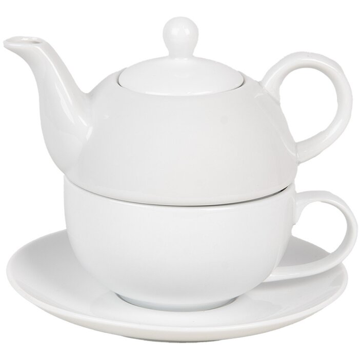 Clayre & Eef 6CETEFO0001 Set da tè per uno in ceramica bianca stile country 350ml 250ml