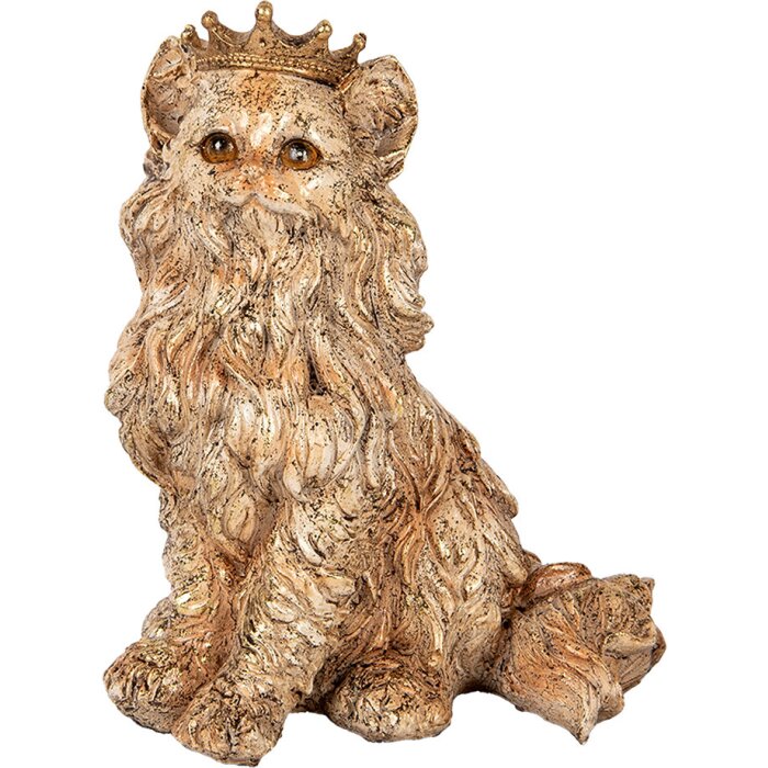 Gatto decorativo Clayre & Eef con corona Beige 23x19x28 cm Aspetto vintage