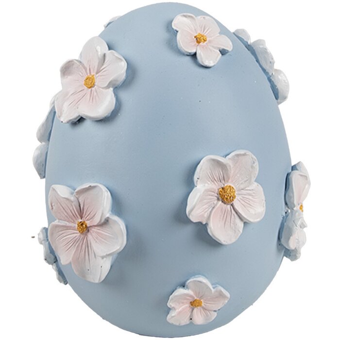 Uovo decorativo Clayre & Eef Ø 11x13 cm blu con fiori bianchi stile country