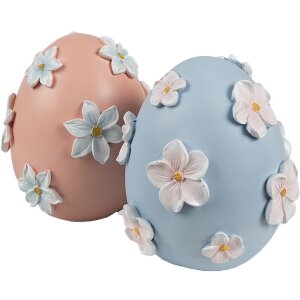 Uovo decorativo Clayre & Eef Ø 11x13 cm blu con fiori bianchi stile country