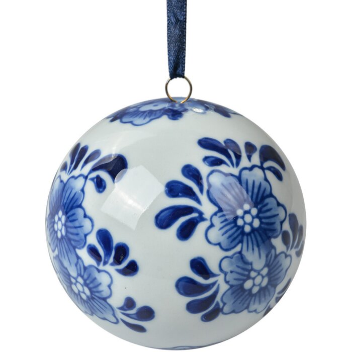 Palla decorativa Clayre & Eef Ø 8 cm in ceramica bianca blu con appendino