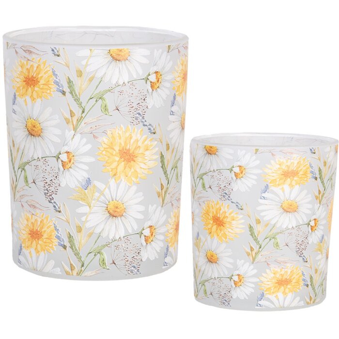 Clayre & Eef 6GL4956 Set di portacandele 2 fiori in vetro in stile country bianco giallo