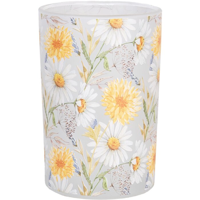 Clayre & Eef 6GL4957 Portacandele in vetro a motivo floreale bianco giallo Ø12xH18 cm