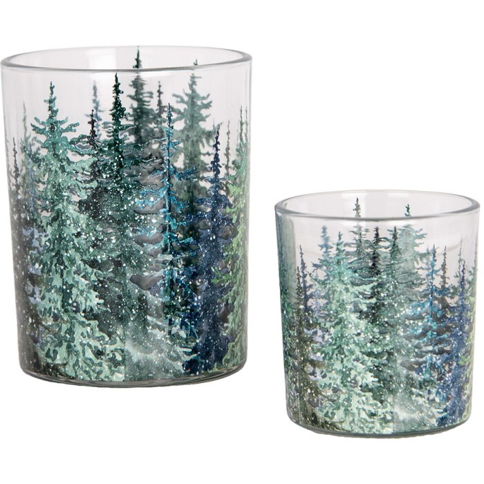 Clayre & Eef 6GL4958 Portacandele Set 2 Vetro Verde Abete Foresta Ø 7x8 10x13 cm