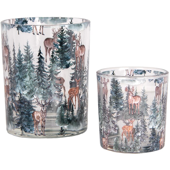 Clayre & Eef 6GL4960 Set di portacandele in vetro con motivo forestale in stile country 2 pezzi