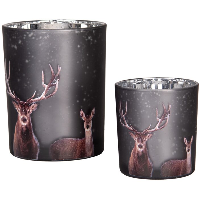 Clayre & Eef 6GL4980 Set di portacandele 2 pezzi in vetro con motivo di cervo, argento