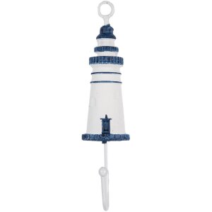 Clayre & Eef 66070BL Gancio a muro Faro metallo legno bianco blu 4x4x18 cm