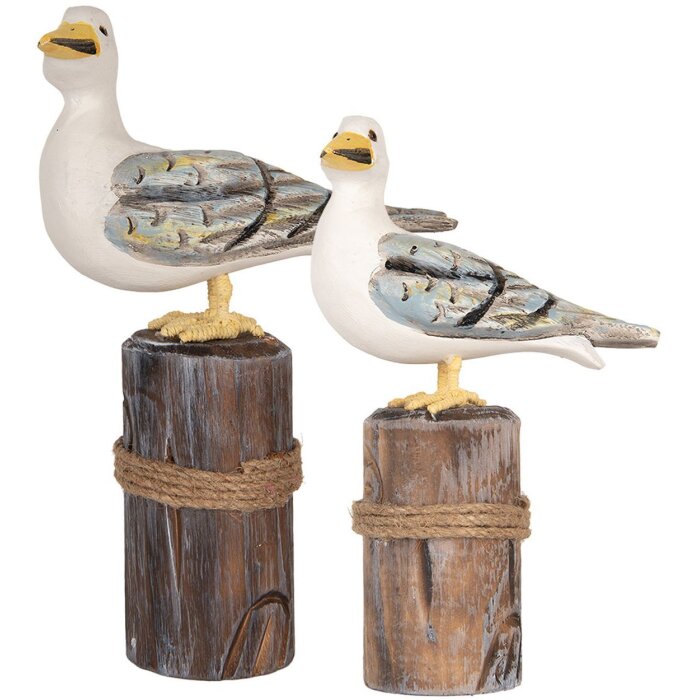 Uccelli decorativi Clayre & Eef su pali di legno Maritime Set di 2 marrone bianco
