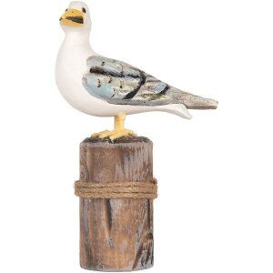 Uccelli decorativi Clayre & Eef su pali di legno Maritime Set di 2 marrone bianco