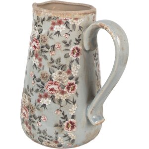 Caraffa decorativa Clayre & Eef in ceramica grigio rosa fiori 21x15x23 cm stile country