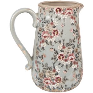 Caraffa decorativa Clayre & Eef in ceramica grigio rosa fiori 21x15x23 cm stile country