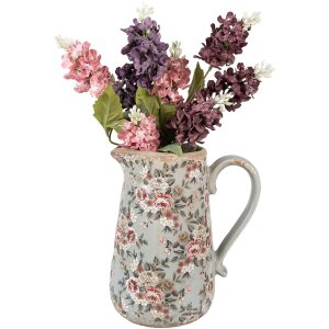 Caraffa decorativa Clayre & Eef in ceramica grigio rosa fiori 21x15x23 cm stile country