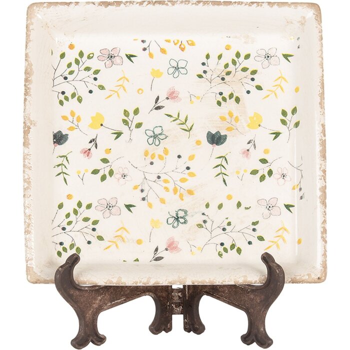 Clayre & Eef Piatto decorativo 22x22 cm Beige in ceramica vintage a motivi floreali