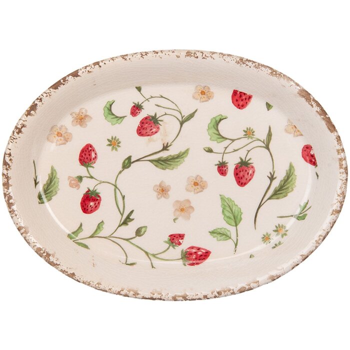 Clayre & Eef Piatto decorativo 25x18x3 cm Beige Rosso con motivo di fragole
