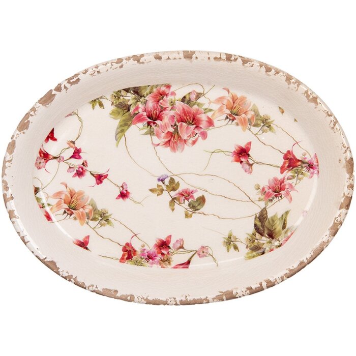 Piatto decorativo Clayre & Eef 6CE2028 Ceramica Beige Rosa 25x18x3 cm Vintage